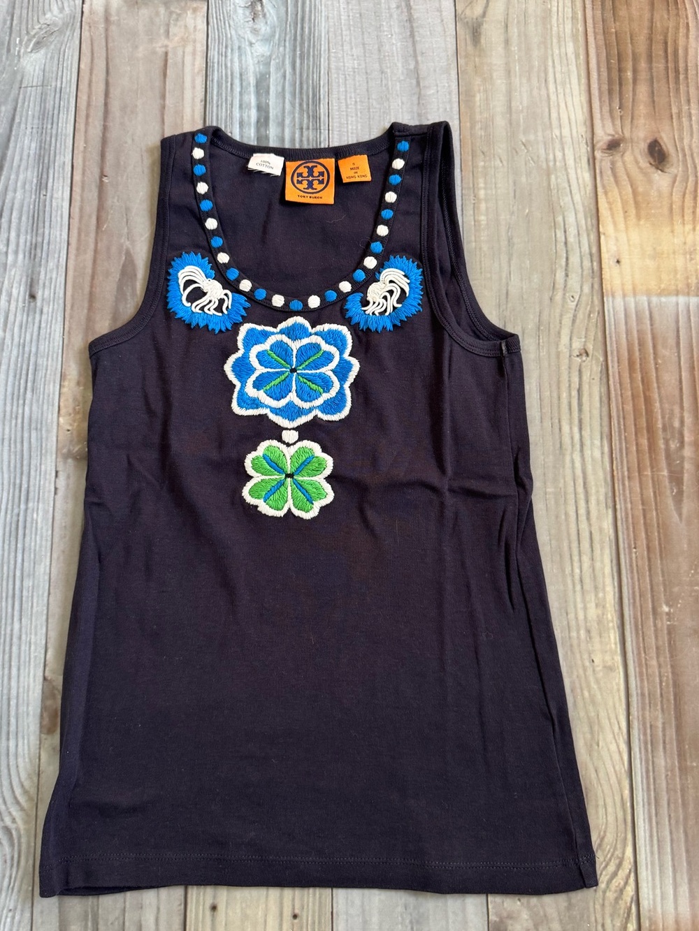 Tory Burch Black Tank Top with Blue and Green Floral Embroidery
